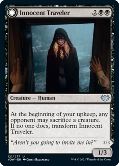Innocent Traveler // Malicious Invader Card Front