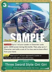 Three Sword Style Oni Giri · Super Pre-Release Stamp OP02-045