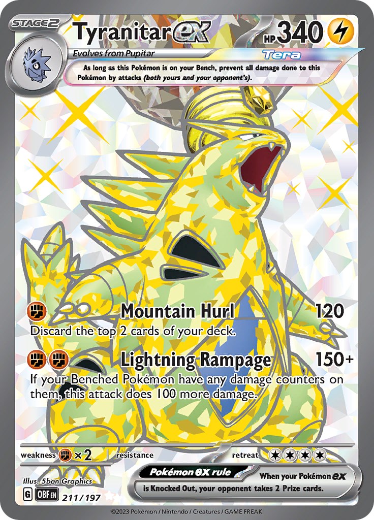211 197 pokemon card Tyranitar ex 211/197 - Holofoil SV03 Obsidian Flames your opponent takes 2 Prize cards. Tyranitar ex