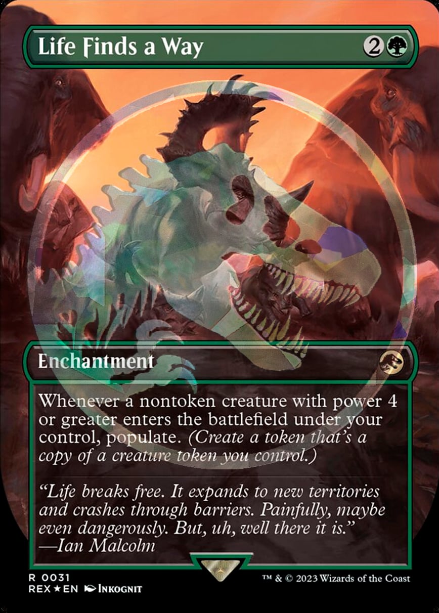 jurassic park emblem cards mtg Dino DNA (Emblem) (Borderless) [Jurassic World Collection Tokens] where X is the damage dealt to your opponents this turn.) Menace Enrage  Whenever Indoraptor MTG Jurassic Park Cards: Full