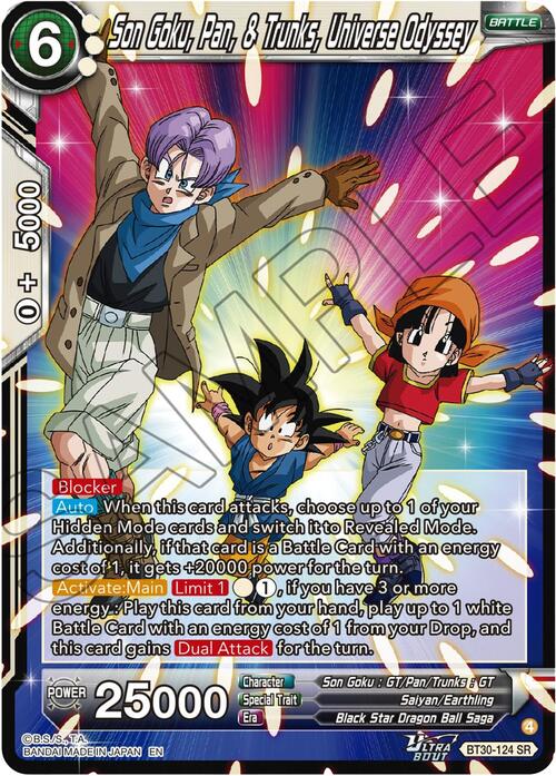 Son Goku, Pan, & Trunks, Universe Odyssey Card Front