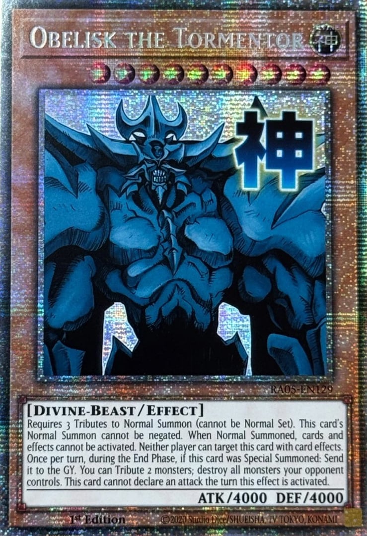 yugioh obelisk card Beast Level 10 Atk/4000 Def/4000 The descent of this mighty creature shall be heralded by burning winds and twisted land Yugioh Card Obelisk the Tormentor