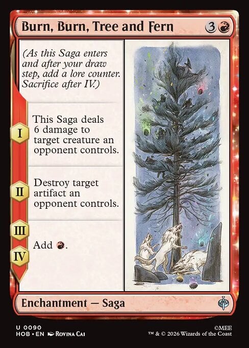 Burn, Burn, Tree and Fern Card Front